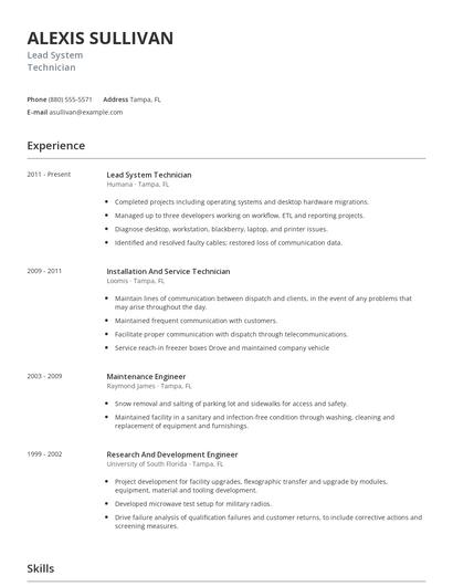 Lead System Technician Resume