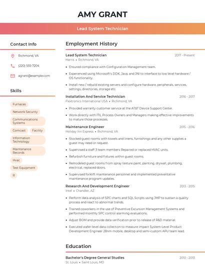 Lead System Technician Resume
