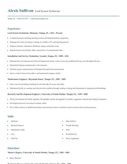 Lead System Technician Resume