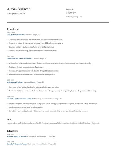 Lead System Technician Resume