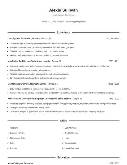 Lead System Technician Resume