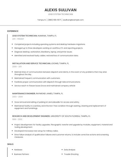 Lead System Technician Resume