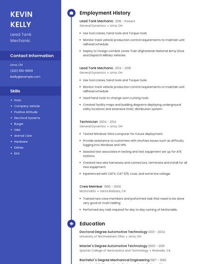 Lead Tank Mechanic Resume