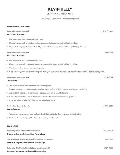 Lead Tank Mechanic Resume