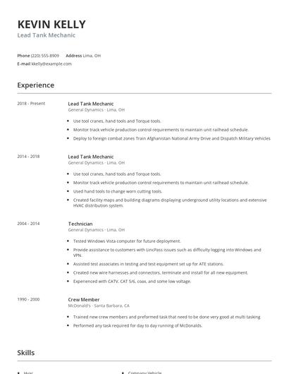 Lead Tank Mechanic Resume
