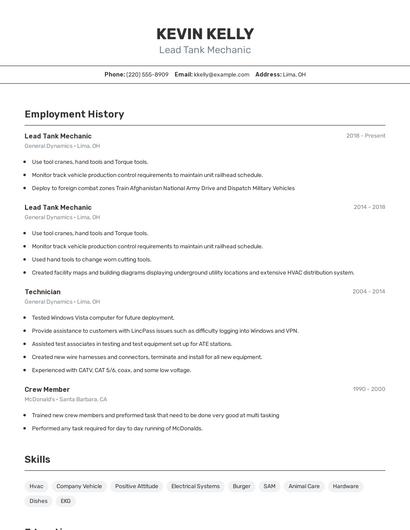 Lead Tank Mechanic Resume