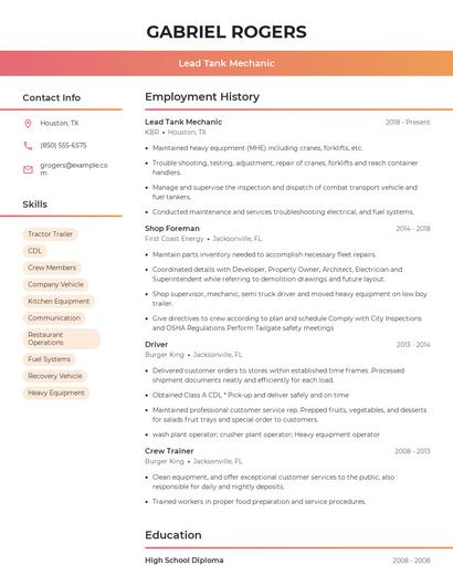 Lead Tank Mechanic Resume