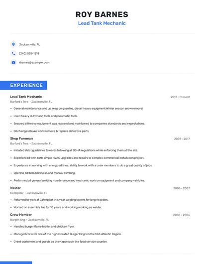 Lead Tank Mechanic Resume