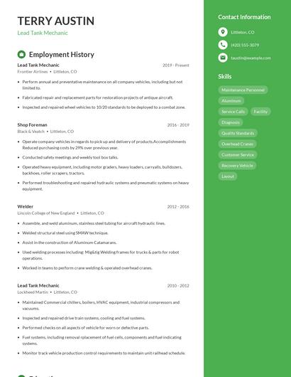 Lead Tank Mechanic Resume