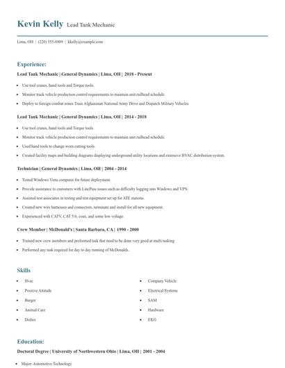 Lead Tank Mechanic Resume