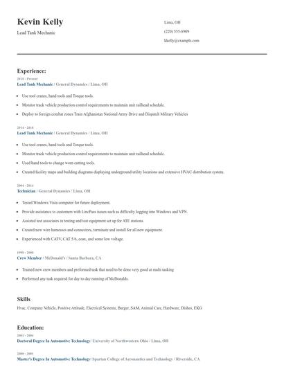 Lead Tank Mechanic Resume