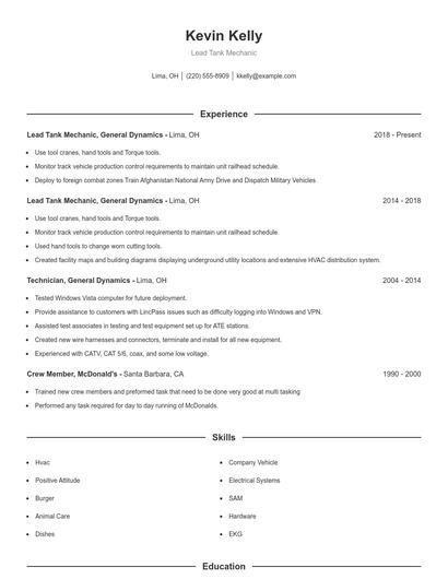 Lead Tank Mechanic Resume