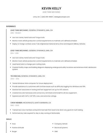 Lead Tank Mechanic Resume