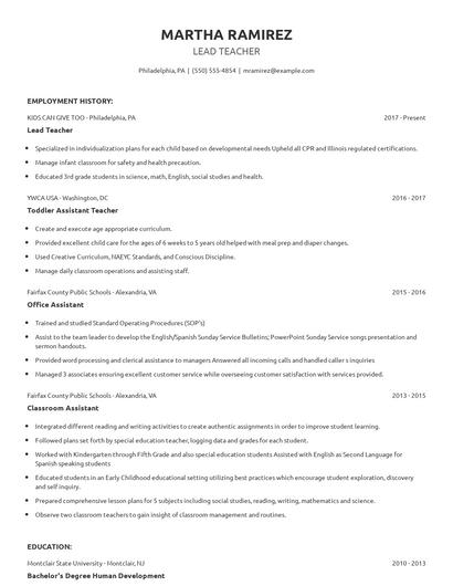 Lead Teacher Resume
