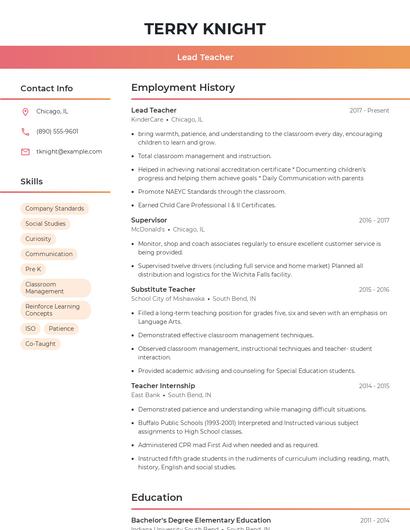 Lead Teacher Resume