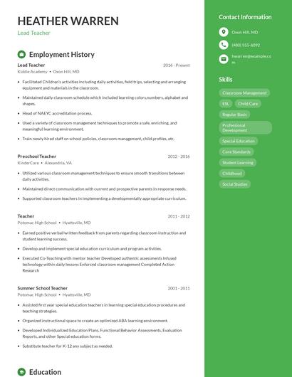 Lead Teacher Resume