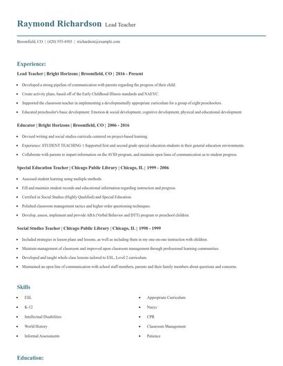 Lead Teacher Resume