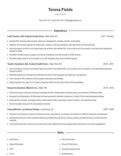Lead Teacher Resume