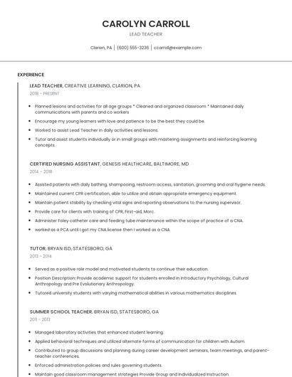 Lead Teacher Resume