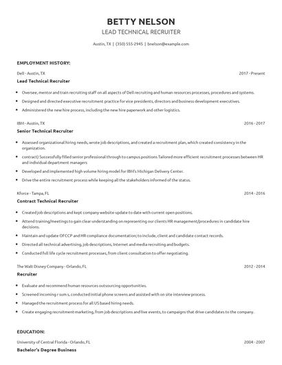 Lead Technical Recruiter Resume