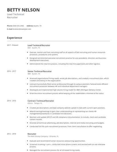 Lead Technical Recruiter Resume