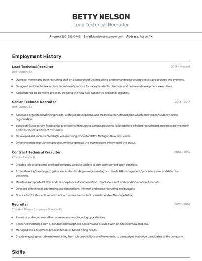 Lead Technical Recruiter Resume