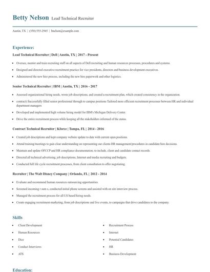 Lead Technical Recruiter Resume