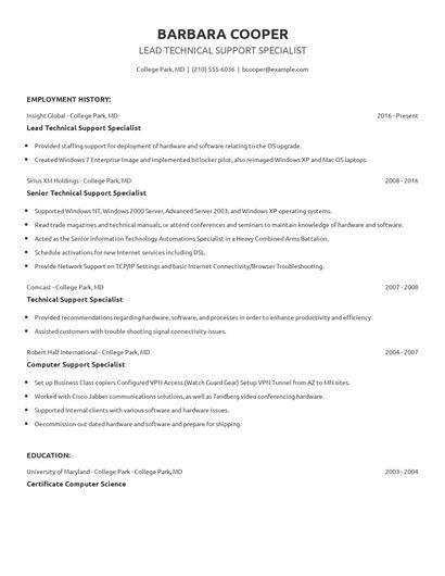 Lead Technical Support Specialist Resume