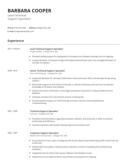 Lead Technical Support Specialist Resume