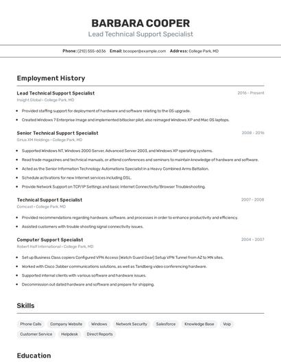 Lead Technical Support Specialist Resume