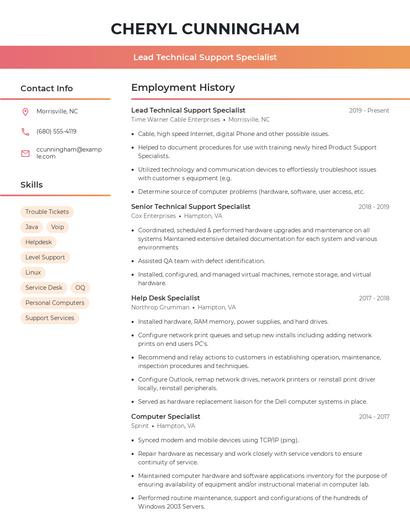 Lead Technical Support Specialist Resume