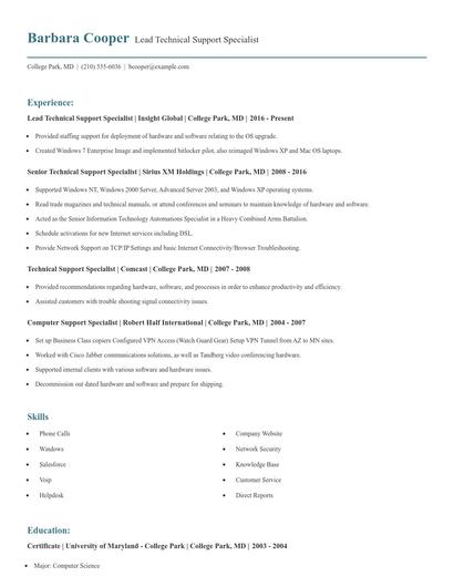 Lead Technical Support Specialist Resume