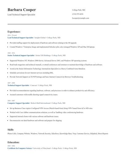 Lead Technical Support Specialist Resume