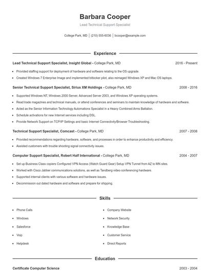 Lead Technical Support Specialist Resume