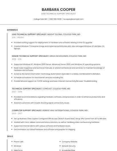 Lead Technical Support Specialist Resume