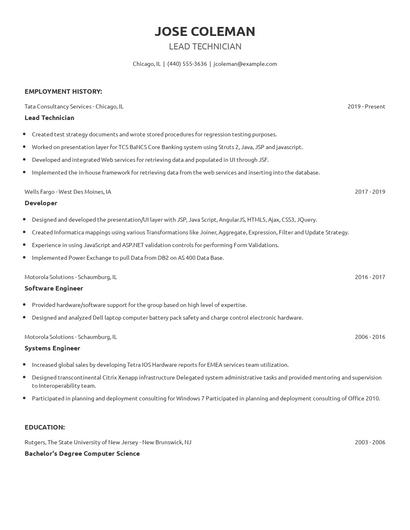 Lead Technician Resume