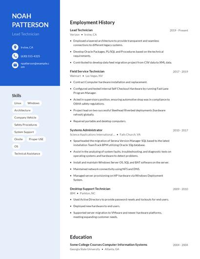 Lead Technician Resume