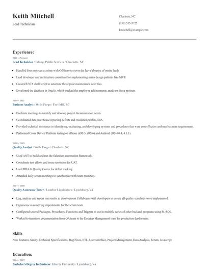 Lead Technician Resume