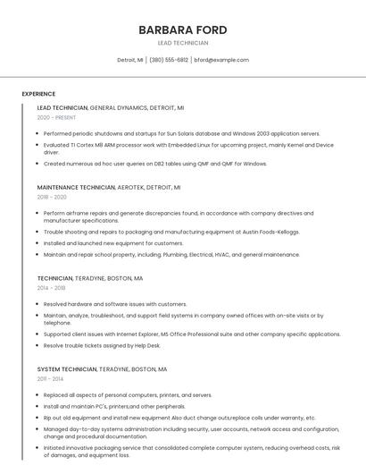 Lead Technician Resume