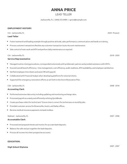 Lead Teller Resume