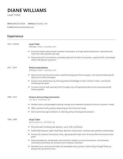 Lead Teller Resume