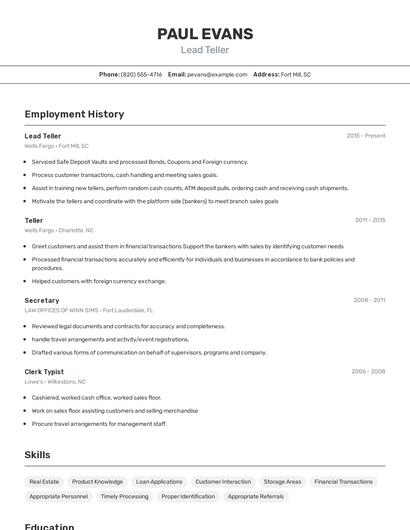 Lead Teller Resume