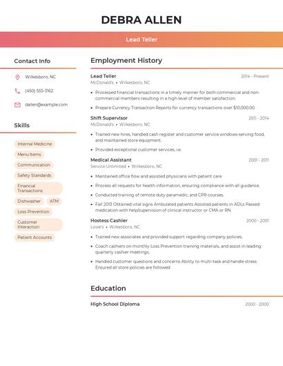 Lead Teller Resume