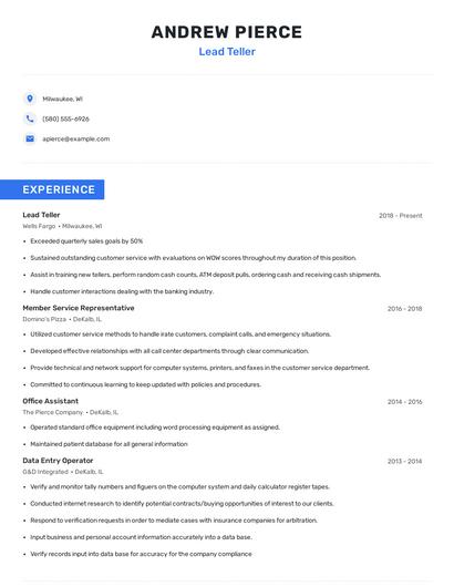 Lead Teller Resume