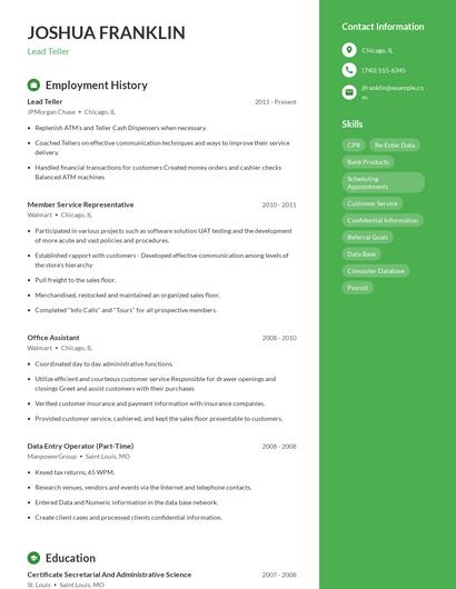 Lead Teller Resume