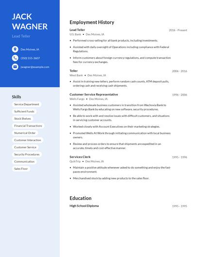 Lead Teller Resume
