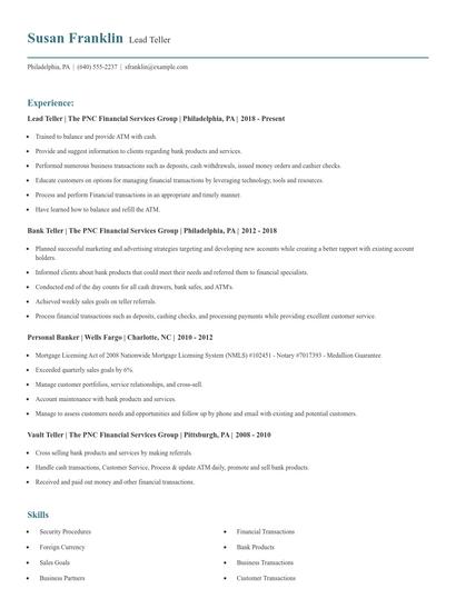 Lead Teller Resume