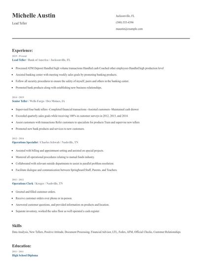 Lead Teller Resume
