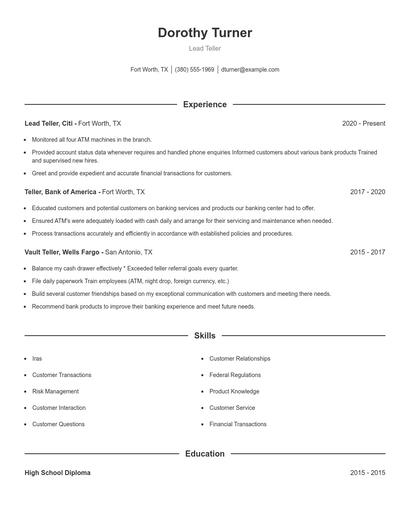 Lead Teller Resume