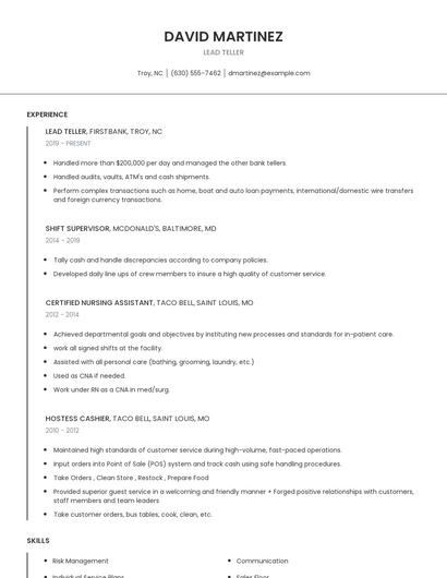 Lead Teller Resume